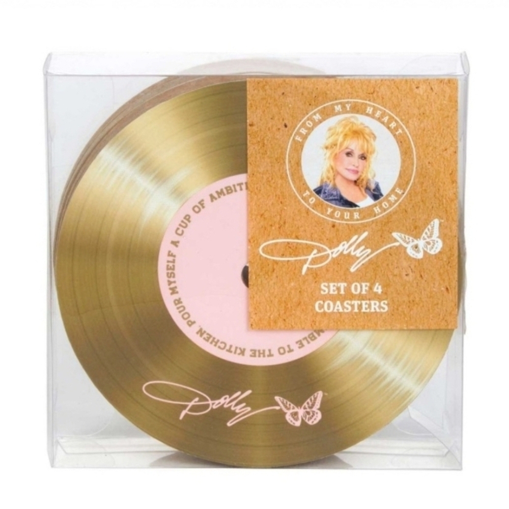 DOLLY PARTON Coasters Set 4 Gold Vinyl Records Butterfly "9-5" Limited Edition